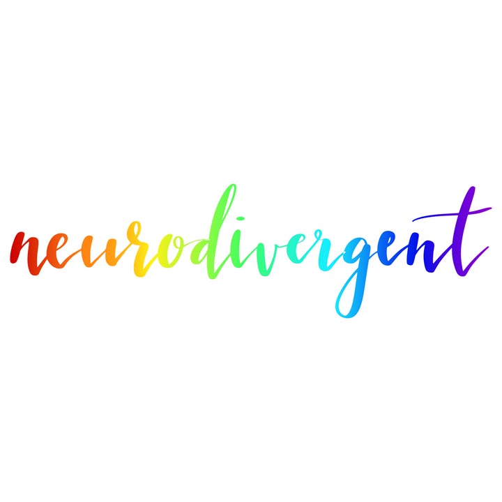 Neurodivergent work in rainbow colours on white background