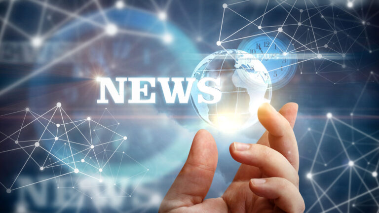 News with hand and globe with background of technology looking connectiongs.