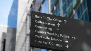 Sign showing options for hybrid work