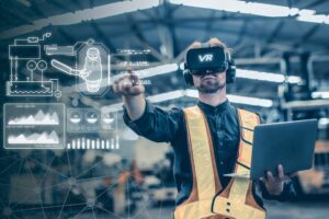 Engineer male using VR virtual reality technology in modern warehouse factory