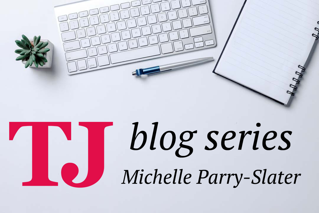 Keyboard, pot plant and note pad with the text TJ blog series Michelle Parry-Slater