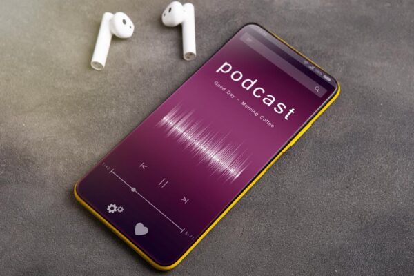 Listen podcast online concept, online music player app on smartphone. Streaming service.