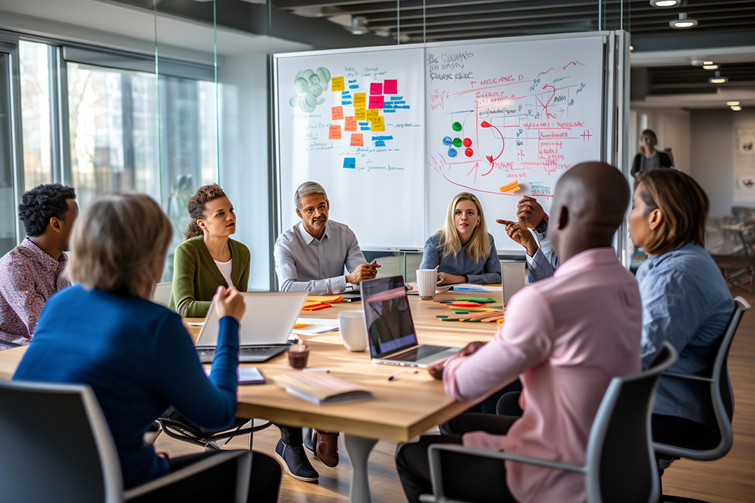 Multi-generation meeting of males and females in an office planning things. Generative AI image.