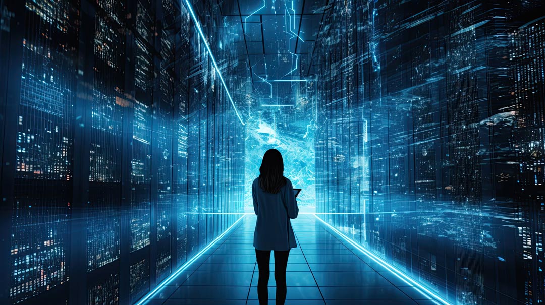 Woman with a tablet in a data center view