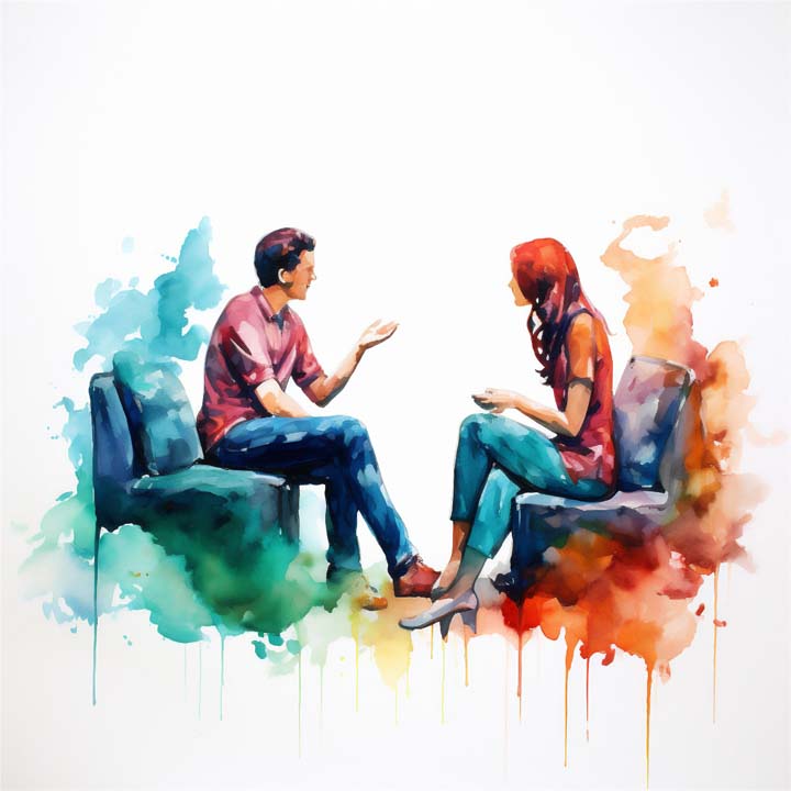 Two people sitting and talking.
