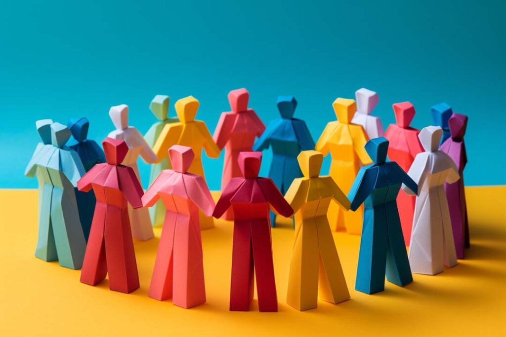 Colourful image that looks like origami or paper people in a group holding hands, symbolising people, teams or development
