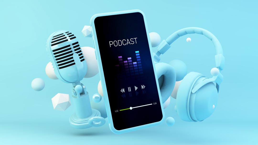 Smartphone podcast app with blue headphones and microphone 3d rendering