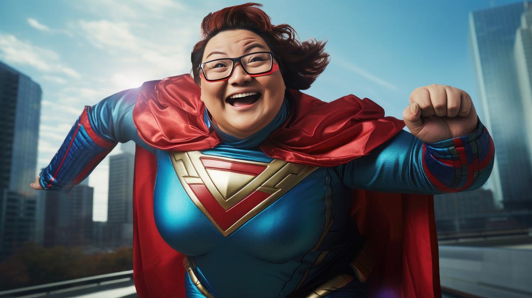 Asian-looking larger woman in superhero costume, smiling, laughing, looking enthusiastic. against a backdrop of urban infrastructure running. The concept of a strong female leader.