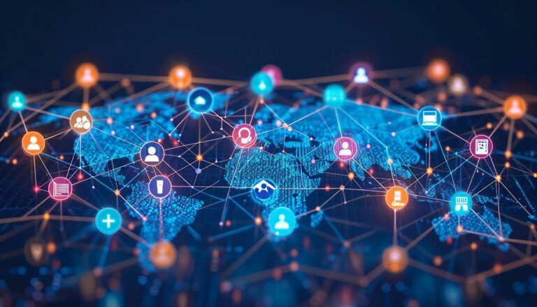 Map of the world with communication icons and links between them in a glow/light up style.