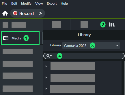 A screenshot of Camtasia interface. Small green circles indicate the steps as follows: 1. Media 2. Icon of 3 books 3. Library drop down menu 4. Icon of a magnifying glass