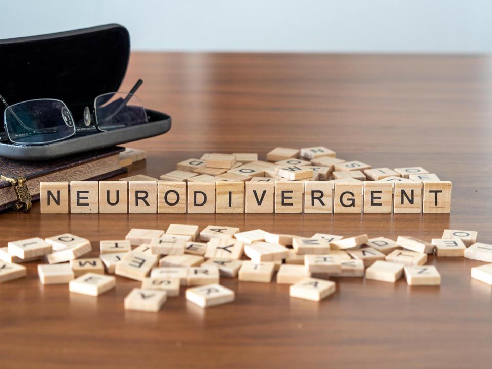 Neurodivergent word represented by wooden letter tiles on a wooden table with glasses and a book