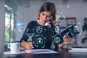 Businesswoman holding tablet device, touching screen. Office workplace. Concept of digital network in medical industry.