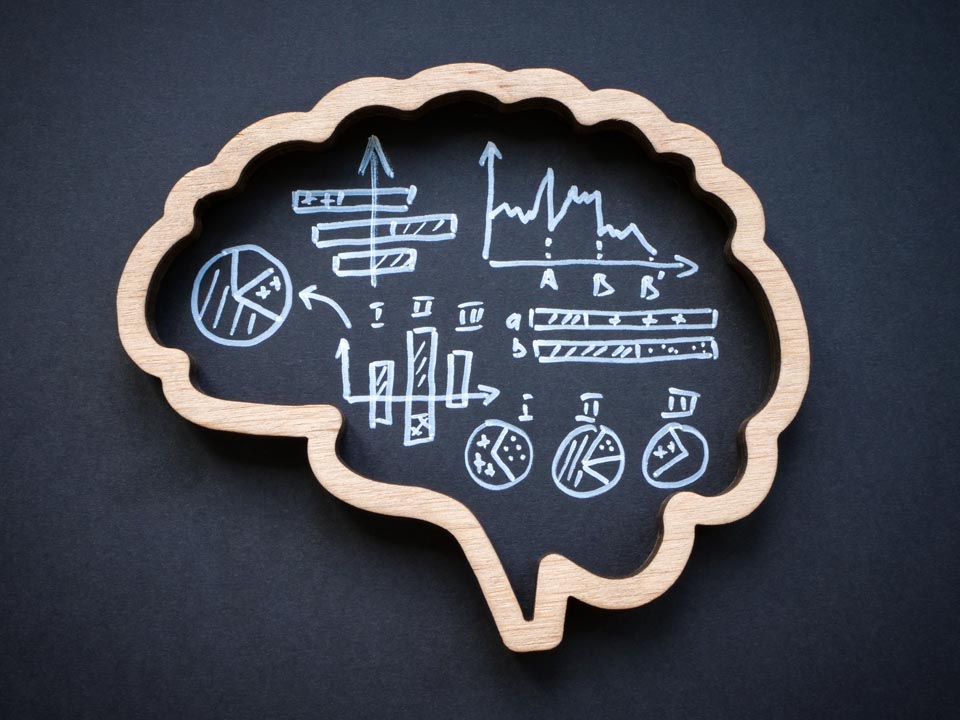 Brain and graphs with calculations inside as a symbol of analytical thinking.