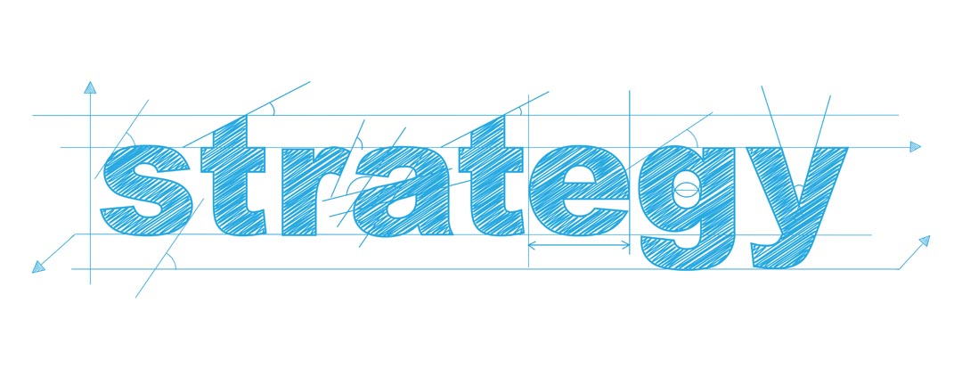 "STRATEGY" written in the style of a blue print design.