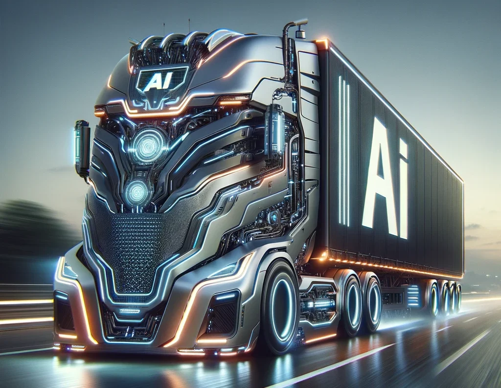 Big juggernaut truck with futuristic design and "AI" on the side of it. Created by Dall-e with prompts from Jo Cook