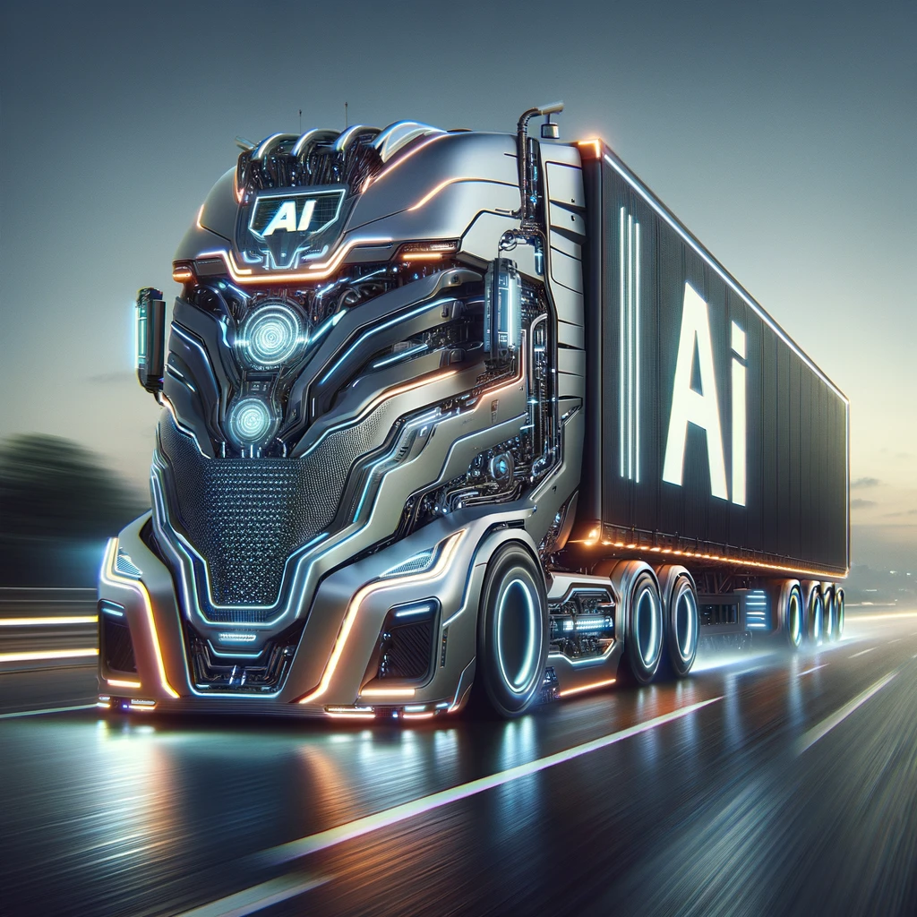 Big juggernaut truck with futuristic design and "AI" on the side of it. Created by Dall-e with prompts from Jo Cook