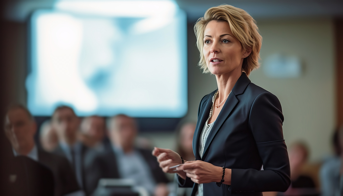 A female business leader gives a presentation in a conference