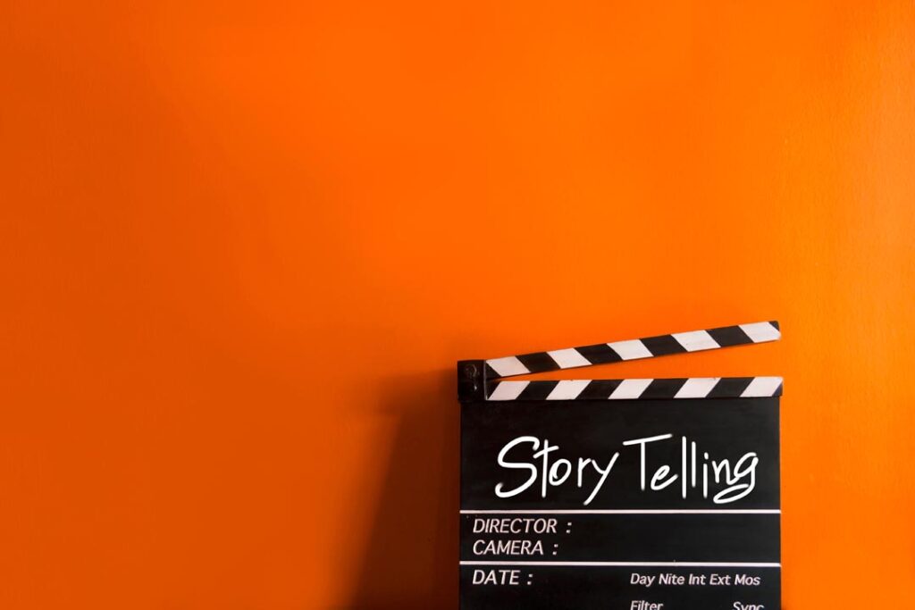Story telling text title on film slate with orange background