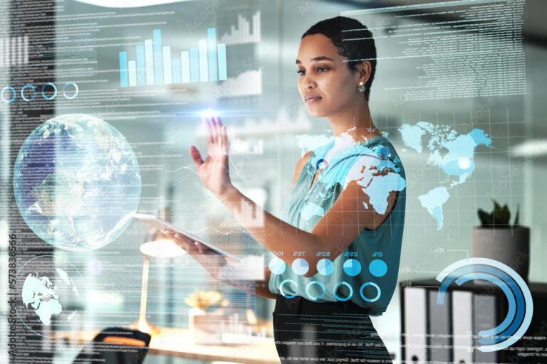 World, tablet and overlay with a business black woman using an ai or ux interface to access the metaverse of data. Digital, future and information with a global network working on a 3d hologram