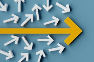 Many arrows pointing in different directions with one arrow showing main direction over blue background, solution, strategy, plan or success concept, 3D illustration