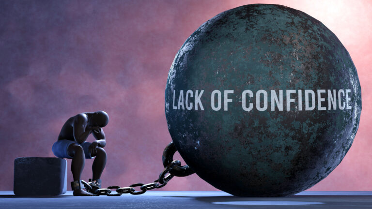 Lack of confidence - a metaphor showing human struggle with Lack of confidence. Resigned and exhausted person chained to Lack of confidence. Depressed by a continuous struggle,3d illustration
