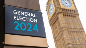 General Election 2024 sign in front of Westminster
