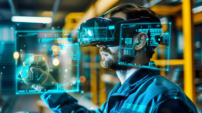 Illustration of Using AR and VR for training, maintenance, and design visualization in industrial environments. Ai Generate.