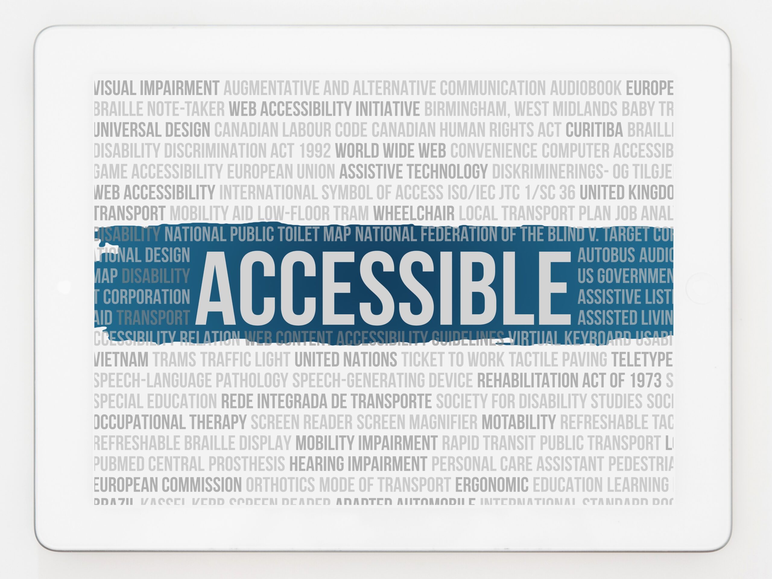 "Accessible" written over teal band over page of writing.