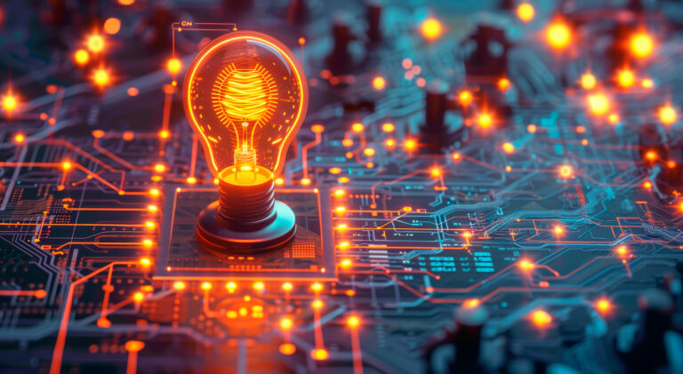 Illuminated lightbulb on a circuit board background, concept of innovation and technology, Generative AI. Generative AI