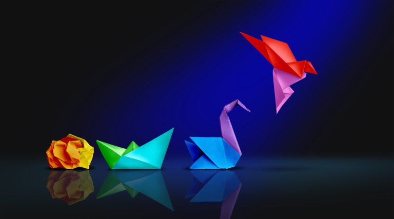 Transform and success or changing to succeed concept and leadership in business through innovation and evolution of ability as a crumpled paper transforming into a boat then a swan and a flying bird