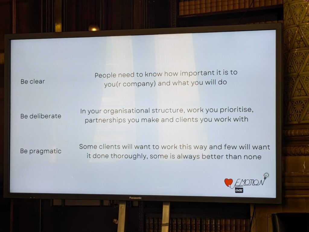 Business of Training Conference, Phil Wilcox slide that has information saying to be clear, deliberate and pragmatic - photography by Gaelle Delmas-Watson