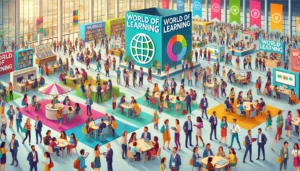 A vibrant conference setting filled with diverse people from different cultures and backgrounds, all engaged in conversation, networking, and learning