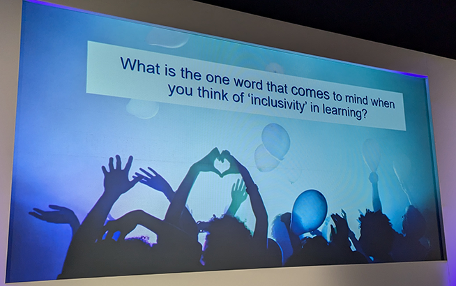 Slide from a conference asking the question "what is the one word that comes to mind when you think of 'inclusivity' in learning?
