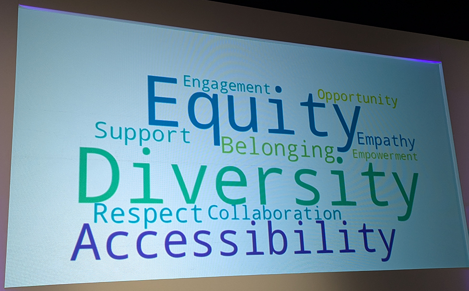 Slide at a conference with a word cloud of words relating to inclusivity including: "equity, diversity, respect" and more.