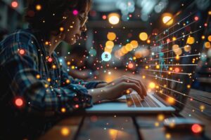 Zoomed-in view of a social media manager responding to comments and queries on a brands post, fostering community engagement