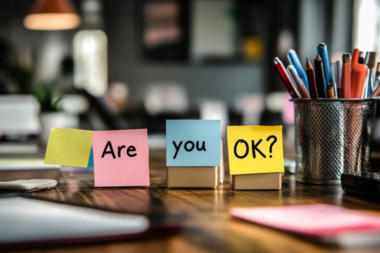 Are you okay? Colored stickers with the inscription. Mental health of employees at work. Team care for colleagues