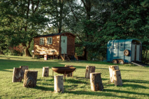 Outdoors in a wood, with log seats, fire pit, shepherds hut and trees in the background