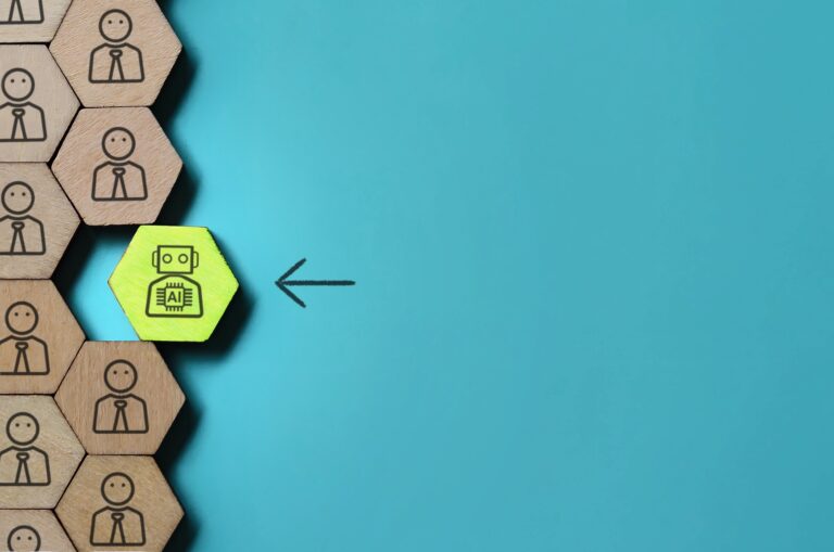 A conceptual image with a robot icon among human figures. Artificial intelligence and automation in the workplace concept.