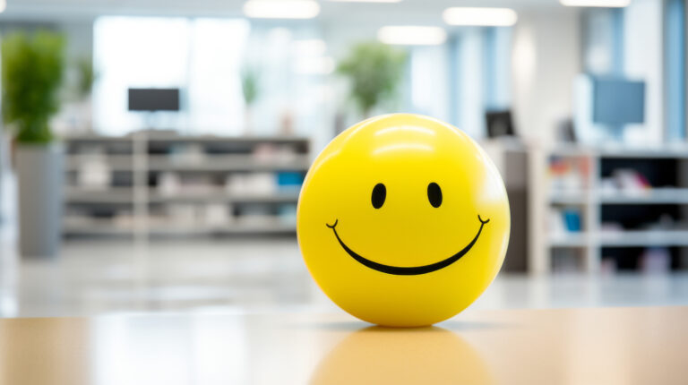 Positivity in the workplace with a yellow smiling smiley ball in the office interior, promoting a positive work environment