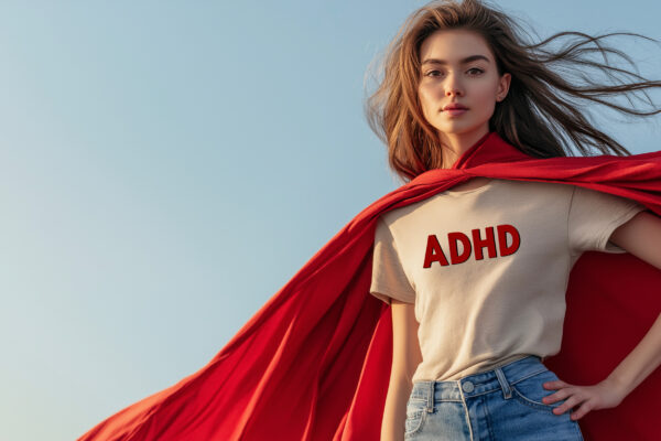 Pretty girl with red cape on blue sky background. ADHD can create its own challenges, but it has advantages too.