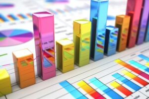 3d illustration of a colorful metallic bar chart showing growth on a spreadsheet