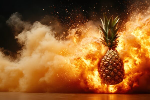 A surreal scene showcasing a pineapple amidst an explosive burst of flames and smoke, blending the ordinary with extraordinary energy and vivid imagery.