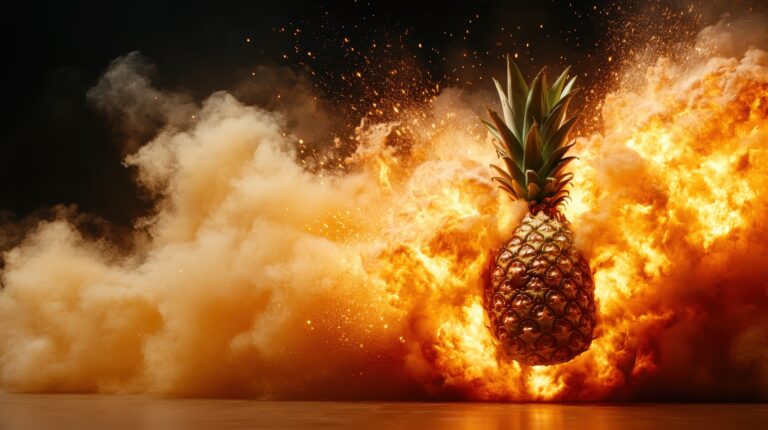 A surreal scene showcasing a pineapple amidst an explosive burst of flames and smoke, blending the ordinary with extraordinary energy and vivid imagery.