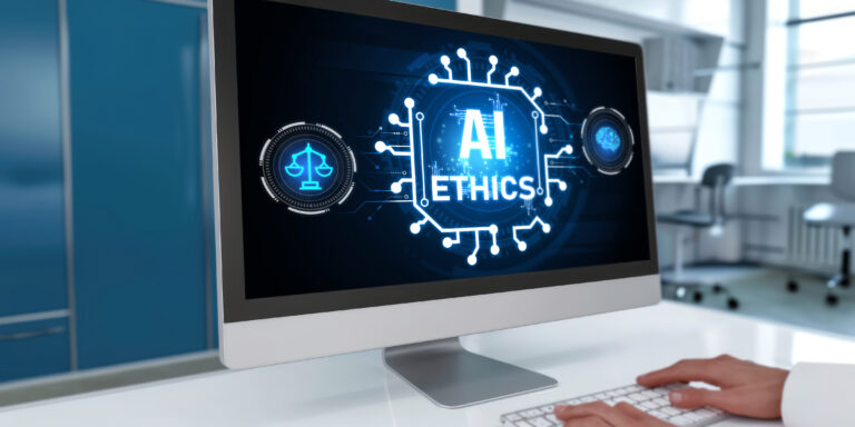AI ethics responsibility standard law and rules on computer screen provide report of AI ethic transparency preventing technology crime. brisk