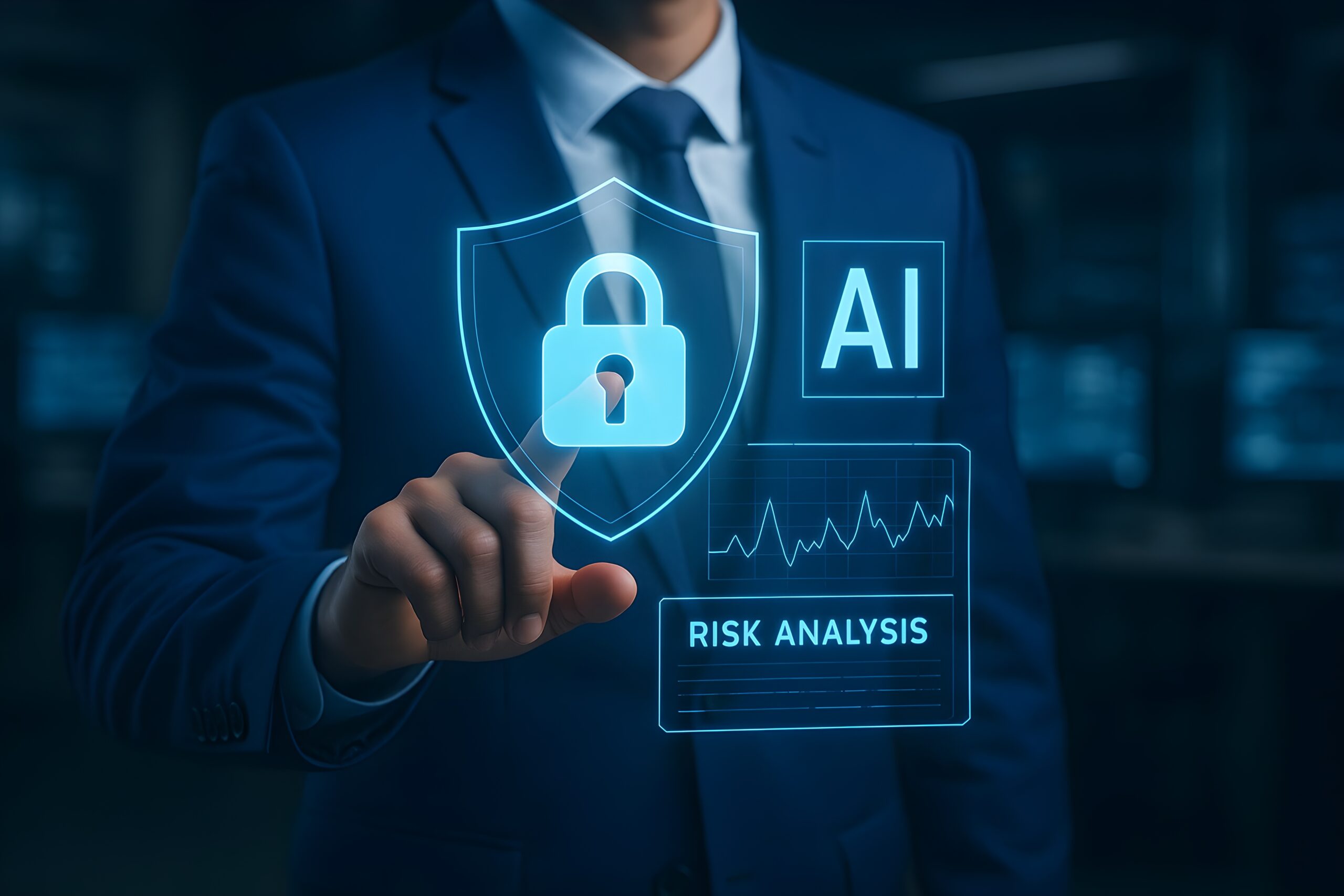 A businessman in a suit uses his finger to interact with a holographic display featuring a security shield, AI, and risk analysis data.
