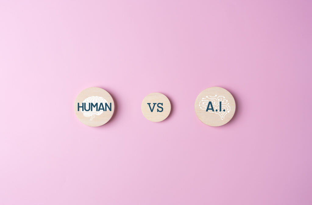 Comparison between Human brain and A.I. icons on wooden discs. Human intelligence versus artificial intelligence, emphasizing the dynamic interplay of technology and humanity on pink background.