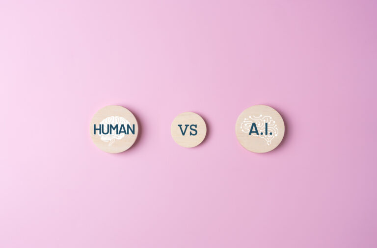 Comparison between Human brain and A.I. icons on wooden discs. Human intelligence versus artificial intelligence, emphasizing the dynamic interplay of technology and humanity on pink background.