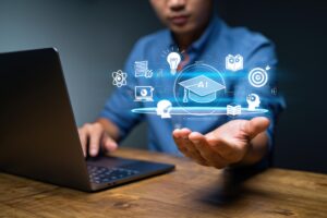 Creativity ideas, AI Artificial Intelligence, Education technology concept, Businesswomen Show AI light bulb icon, Training to develop new skills and knowledge. AI-enhanced learning, Generate Business