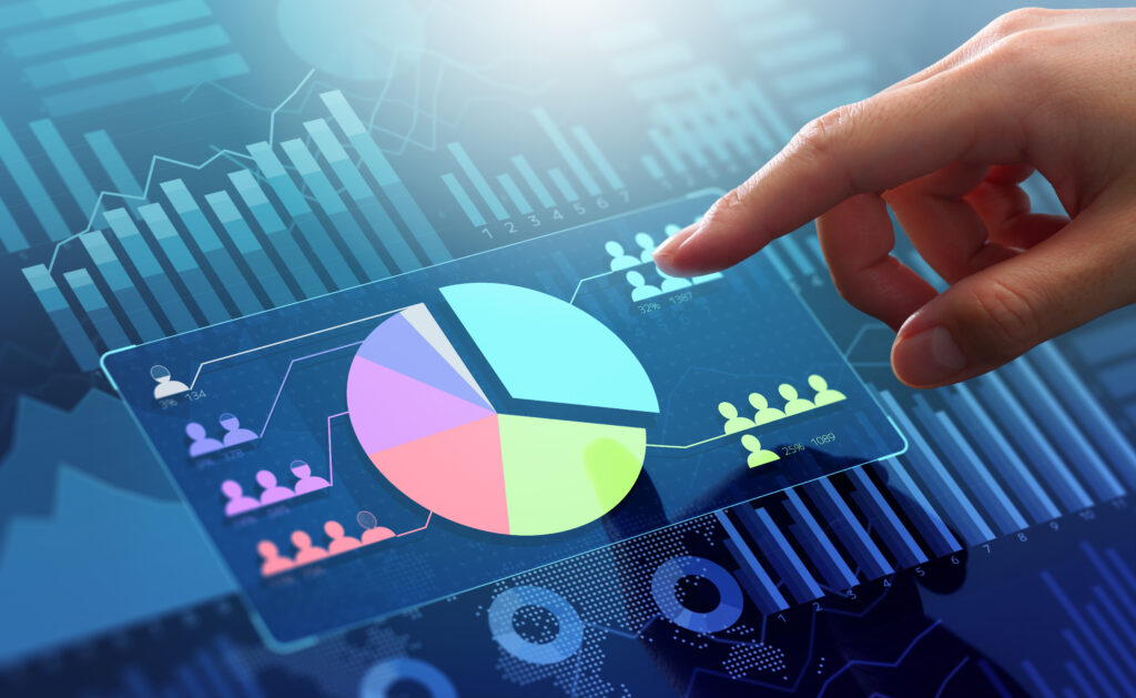 Market research and marketing analytics. Survey of customers and statistics data. Analyst touching circle chart and graphs.