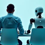 Rearview of the businessman in an elegant suit sitting in a chair next to the white robot cyborg in a studio. AI or artificial intelligence vs people, employment concept,working on a laptop
